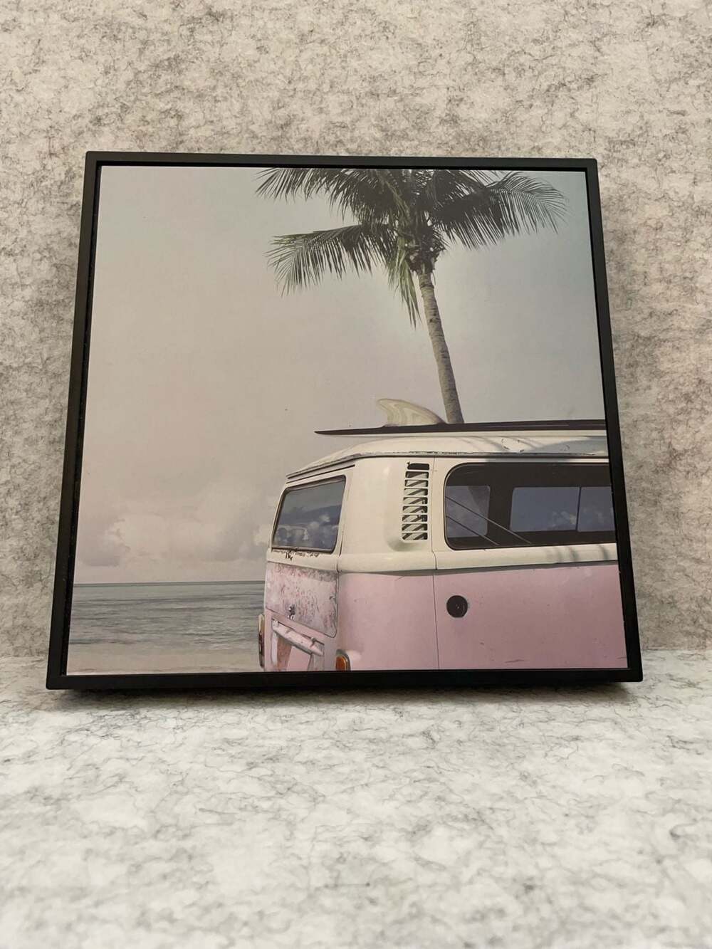 Retro Pink Volkswagen Bus Beach Scene Framed Canvas Wall Art